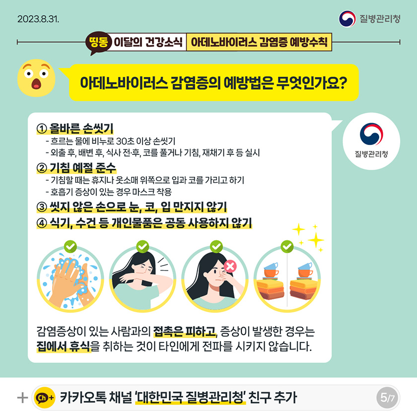 [2023년 8월 31일 질병관리청] 띵동 이달의 건강소식 아데노바이러스 감염증 예방수칙. 아데노바이러스 감염증의 예방법은 무엇인가요? ① 올바른 손씻기 . - 흐르는 물에 비누로 30초 이상 손씻기. - 외출 후, 배변 후, 식사 전･후, 코를 풀거나 기침, 재채기 후 등 실시. ② 기침 예절 준수. - 기침할 때는 휴지나 옷소매 위쪽으로 입과 코를 가리고 하기. - 호흡기 증상이 있는 경우 마스크 착용. ③ 씻지 않은 손으로 눈, 코, 입 만지지 않기. ④ 식기, 수건 등 개인물품은 공동 사용하지 않기. 감염증상이 있는 사람과의 접촉은 피하고, 증상이 발생한 경우는 집에서 휴식을 취하는 것이 타인에게 전파를 시키지 않습니다. [7페이지 중 5페이지]